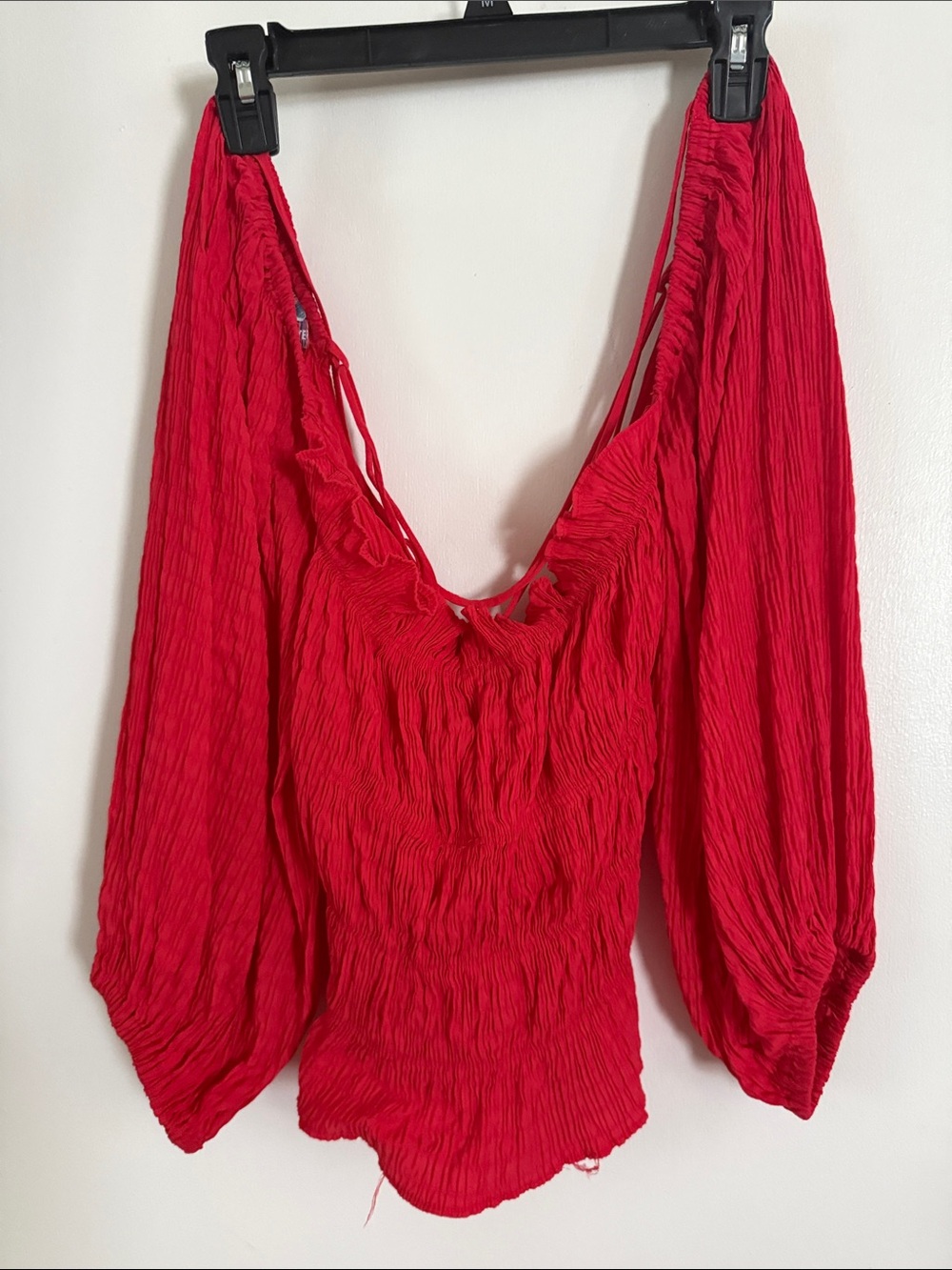 Crinkled Red Peasant Blouse with Billowy Sleeves - Women's Top